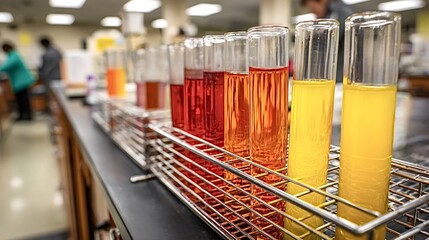 Row of glass test tubes containing vibrant red, orange, and yellow solutions stands in a metal rack on a laboratory countertop, representing scientific research and chemical experiments