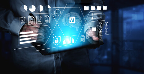 A businessman holds a digital tablet showcasing an AI interface, representing data analysis and technology innovation in a futuristic business environment. Gantry