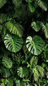 Lush botanical foliage wall featuring ferns, palm fronds, and split-leaf philodendron plants in a dense and verdant vertical garden