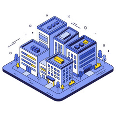 Fototapeta premium Isometric illustration of urban buildings on a city block. No editable stroke