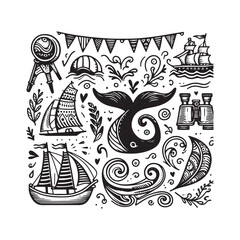 Fototapeta premium hand drawn line art icons coastal festival and marine symbols