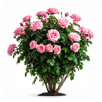 Rosebush of pink roses on a white background