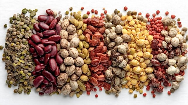 Colorful variety of dried legumes and beans, including lentils and chickpeas, creating a vibrant pattern on a white surface, representing nutritious plant based food groups