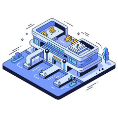 Obraz premium Isometric futuristic building with parking and rooftop terrace in blue. No editable stroke