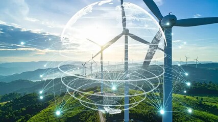 Wind turbines generating clean energy with global network connections, sustainable technology. - Powered by Adobe