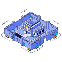 Naklejka premium Isometric illustration of a futuristic fortress with trees and flags. No editable stroke