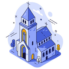 Fototapeta premium Colorful illustration of a vintage church with blue and white architecture. No editable stroke