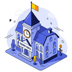 Fototapeta premium Illustrated town hall with clock tower and flag on blue background. No editable stroke