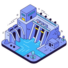 Naklejka premium Isometric illustration of modern hydroelectric dam with flowing river and buildings. No editable stroke