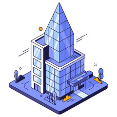 Naklejka premium Isometric blue skyscraper with glass pyramid roof and modern architecture. No editable stroke