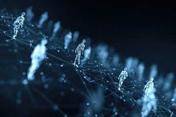 Digital Network Of Connected Figures Illustrating Global Connectivity, Collaboration And Innovation In A Blue Neon World: A Futuristic Visual Of People Linked By Lines, Nodes, And Data Trails Across