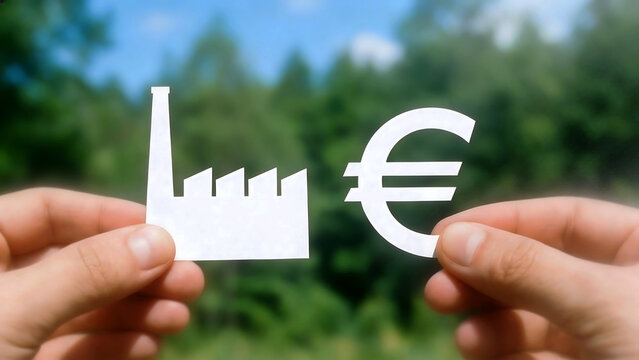 Mains tenant une usine et le symbole euro en papier, sur fond de nature verte et ciel bleu
