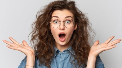 Surprised young caucasian female with glasses in denim shirt expressing shock.