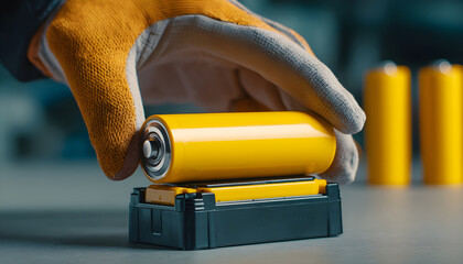 Person checking rechargeable yellow battery before insertion, symbolizing power, replacement, energy supply, ready to use, changing, inspecting and preparing electronics, close-up, slow motion