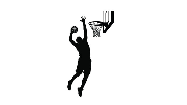 a black silhouette of a basketball player dunking a ball into a hoop