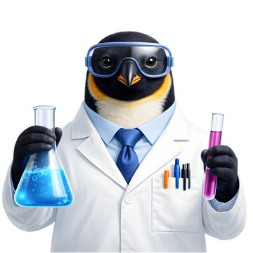 Antropomorficzny pingwin przedstawiony jako naukowiec laboratoryjny, ubrany w biały fartuch ochronny i okulary laboratoryjne, trzymający naczynia z pr&oacute;bkami do badań. Realistyczna ilustracja 3D na jas