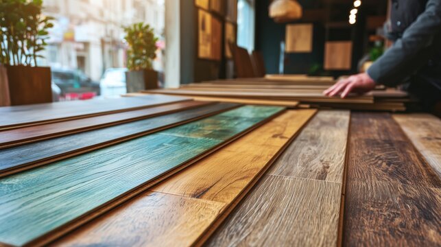 Selection of various wood laminate flooring samples on display in a modern home improvement store