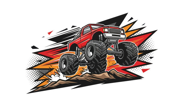 Monster truck graphic illustration jumping over terrain against a white backdrop