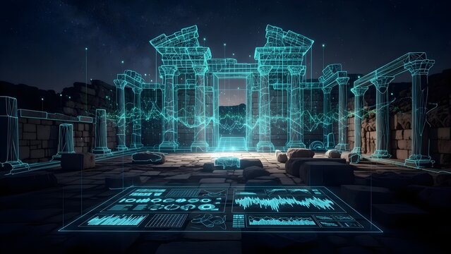 Ancient Greek Temple Reconstruction: Futuristic Cyberpunk Data Visualization with Glowing Neon Lines, Digital Ruins, Night Sky, 3D Render, High Detail