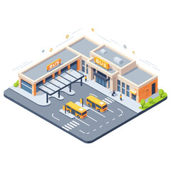 Naklejka premium Isometric bus station with orange buses and pedestrians in urban setting