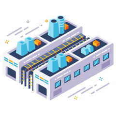 Obraz premium Isometric factory building with blue chimneys and conveyor belts