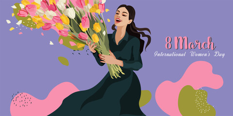 Womens Day greeting card. Postcard from March 8th. A smiling woman holding a huge bouquet of flowers