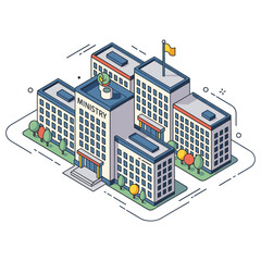 Obraz premium Isometric illustration of government ministry building complex with gardens and flag