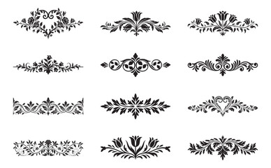 Collection of black floral ornamental dividers and borders for text decoration and graphic design