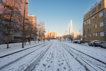 Paysage urbain exceptionnel sous la neige sur l'&icirc;le de Nantes