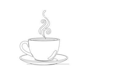Minimalist line art: white ceramic cup, saucer, delicate swirling steam on transparent background, copy space. Concept of elegant warmth and design