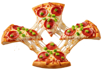 Three piping hot pepperoni pizza slices with stretchy mozzarella cheese, crisp pepperoni, and green bell peppers, crumbs flying on a transparent background, energetic food advertising concept