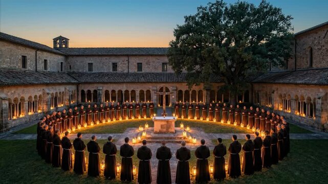 Monks in monastic cloister with lanterns forming a circle around an altar at dusk, spiritual religious ceremony footage