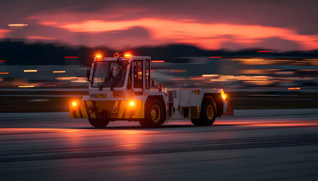Close medium shot of tug vehicle maneuvering aircraft on a dusk runway showcasing the coordination and equipment used during twilight towing procedures.