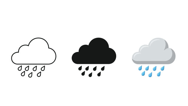 Set of three cloud icons with rain drops outline, solid black and colored flat design style, representing rainy weather forecast symbol