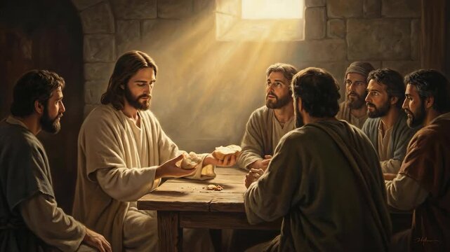 Jesus and disciples breaking bread, symbolizing the last supper or eucharist sacrament footage