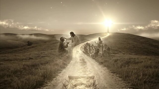 Jesus Christs journey from birth in a manger through ministry and guiding to cross on hill, religious footage