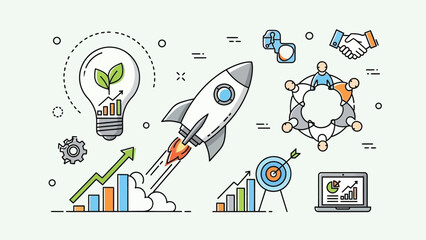 Startup launch illustration shows a rocket ascending past growth charts beside a lightbulb containing a plant and a.