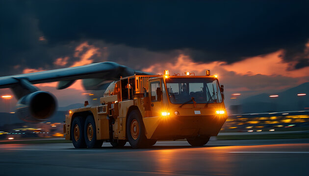Close medium shot of tug vehicle maneuvering aircraft on a dusk runway showcasing the coordination and equipment used during twilight towing procedures.