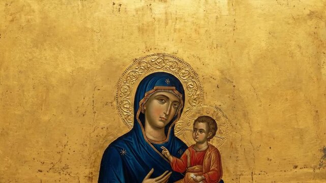 Depiction of woman Mary and child Jesus on a gold background with a halo, shifting from full to partial view, footage