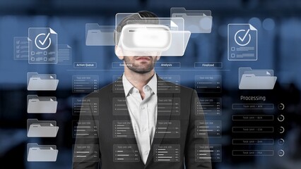 A professional man wearing a virtual reality headset stands in a modern office, engaging with a digital interface for data analysis and processing processes. Raster