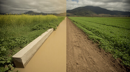 Before and after style image showing one side with dry soil and the other side with lush green vegetation, illustrating contrasting agricultural conditions and land management practices