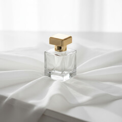 Luxury Perfume Bottle With Gold Cap Resting On White Satin&mdash;Elegant Studio Still Life