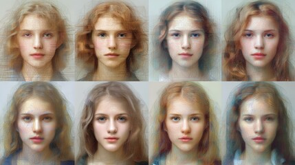Fototapeta premium Collage of artistic rendered caucasian young females with varied expressions.