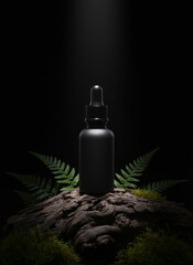 Minimalist Black Dropper Bottle Shown On Log with Ferns in Dramatic Spotlight