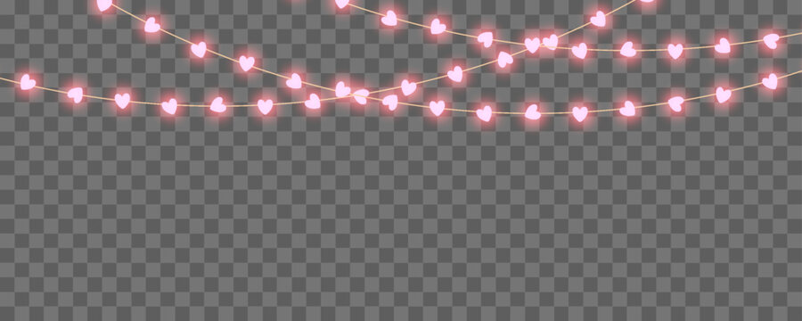 Garland with glowing hearts on a transparent background, Valentine&rsquo;s Day decoration, light bulbs on the garland in the hearts shape