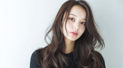 Naklejka premium Asian young female with long brown hair and black sweater against white background.
