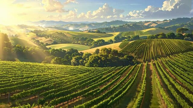 Lush vineyard landscape with rows of grape vines and rolling hills under a bright sky.