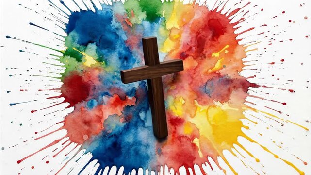 Wooden Christian cross on colorful watercolor splash background changing position, religious symbol for faith video