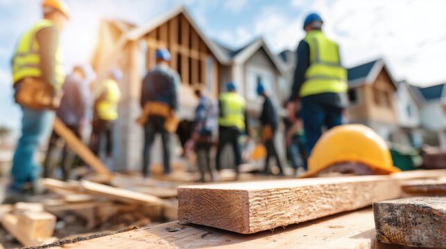 Close up of a wooden plank at a residential construction site with builders in high visibility vests