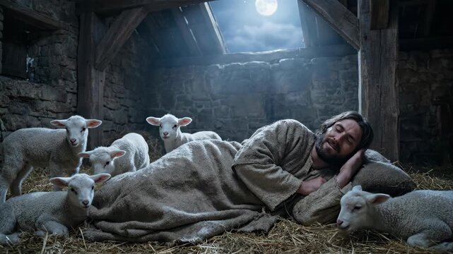 Caucasian man resting in bed of hay with sheep inside barn at night with moon in sky, Christian concept footage